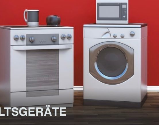 Eine Küche mit Herd, Mikrowelle und Wasserkocher. Daneben steht eine Waschmaschine, mit einem Staubsauger in der Nähe. Die Wand ist rot.