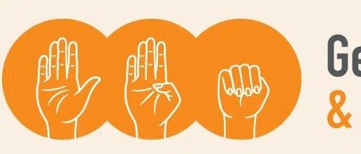 Das Bild zeigt drei Handgesten in orangefarbenen Kreisen. Darunter steht 'Gewalt erkennen & reagieren'. Der Hintergrund ist beige.