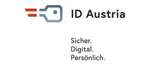 Das ID Austria-Logo zeigt ein Schlüsselsymbol in Rot und Grau mit dem Text 'ID Austria' darunter. Darunter stehen die Wörter 'Sicher. Digital. Persönlich.'.