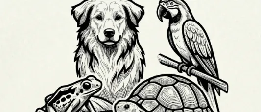 Eine Schwarz-Weiß-Illustration eines Hundes, eines Papageis, eines Frosches und einer Schildkröte.