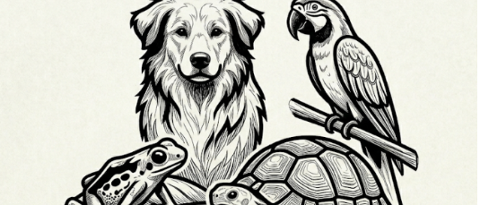 Eine Schwarz-Weiß-Illustration eines Hundes, eines Papageis, eines Frosches und einer Schildkröte.