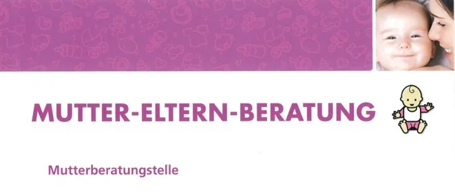 Ein Flyer für Mutter-Eltern-Beratung zeigt eine Mutter und ein Baby mit Text und einem Baby-Symbol auf einem rosa Hintergrund.
