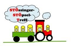 Ein Bild eines roten und grünen Zuges mit gelben Waggons, beschriftet mit 'Stössinger-Stössel-Treff.' Über dem Zug befindet sich eine Gedankenblase mit den gleichen Worten.