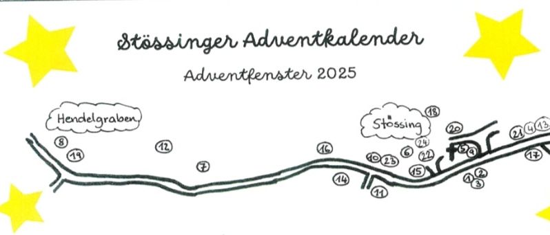Zeichnung einer Karte mit 'Stössinger Adventkalender Adventfenster 2025' oben. Die Karte zeigt eine Route mit nummerierten Haltestellen, einschließlich 'Hendelgraben' und 'Stössing'. Zwei gelbe Sterne sind auf dem Bild vorhanden.