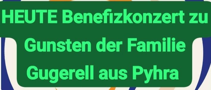 Plakat für ein Weihnachts-Benefizkonzert von Gugerell aus Pyhra. Es findet am Mittwoch, 10. Dezember 2025 um 18 Uhr in der Pfarrkirche Stössing statt.