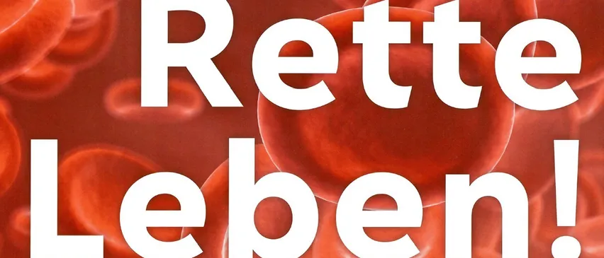 Ein roter Hintergrund mit weißem Text zeigt das Wort 'Rettbe'. Der Text ist in einer modernen Schriftart mit glänzendem Finish gestylt. Der rote Hintergrund erscheint als ein Cluster roter Blutkörperchen.