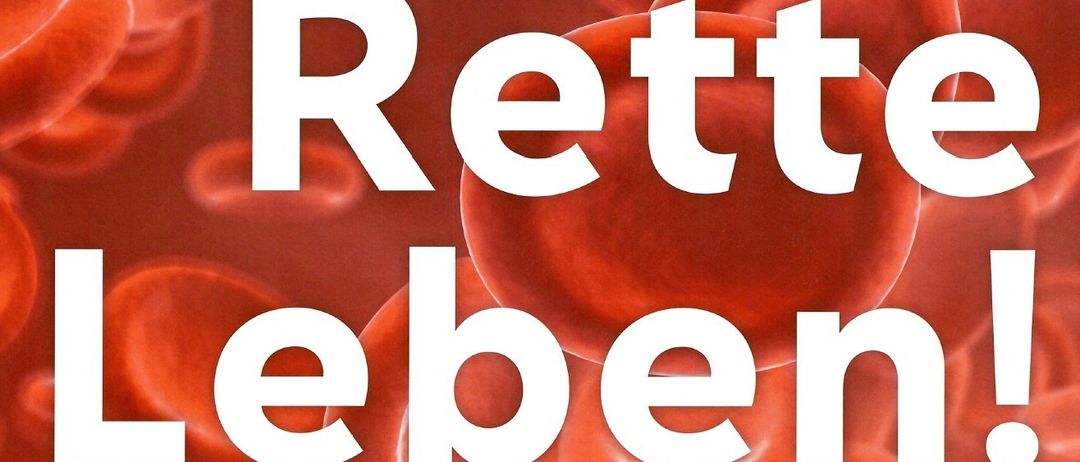 Ein roter Hintergrund mit weißem Text zeigt das Wort 'Rettbe'. Der Text ist in einer modernen Schriftart mit glänzendem Finish gestylt. Der rote Hintergrund erscheint als ein Cluster roter Blutkörperchen.