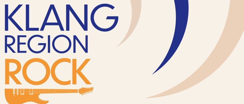 Ein Logo für Lang Region Rock mit einem blauen und orangefarbenen Gitarren-Grafik.