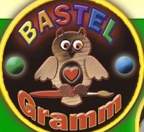 The image shows the logo of Bastel Gramm, featuring an owl holding a paintbrush and a palette with a heart in its chest. The logo is on a circular background with colorful balls around it.