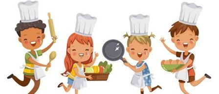 Five children dressed as chefs are running and smiling, each holding a kitchen tool. One holds a rolling pin, another a pan, one has a basket of vegetables, and one is holding a bowl of eggs.
