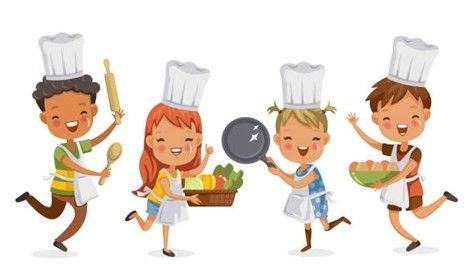 Fünf Kinder, die als Köche gekleidet sind, rennen und lächeln, wobei jedes ein Küchenwerkzeug hält. Eines hält einen Nudelholz, ein anderes eine Pfanne, eines hat einen Korb mit Gemüse und eines hält eine Schüssel mit Eiern.
