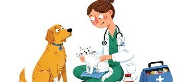 Eine Tierärztin in einer grünen Uniform untersucht einen Hund und eine Katze, mit medizinischen Werkzeugen um sie herum.