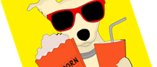Ein Hund mit Sonnenbrille, der einen Popcorn-Eimer liest und einen Becher mit Strohhalm hält.
