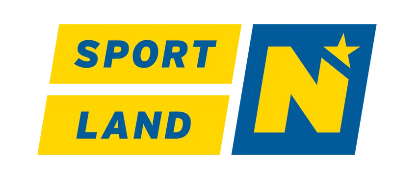 Das Logo von Sportland N mit einem gelben Stern und gelbem Text auf einem blau-gelben Hintergrund.