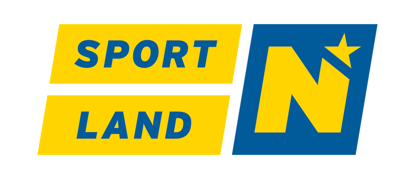 Das Logo von Sportland N mit einem gelben Stern und gelbem Text auf einem blau-gelben Hintergrund.