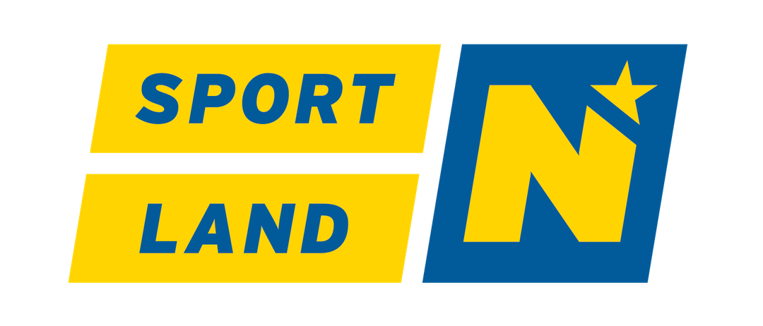 Das Logo von Sportland N mit einem gelben Stern und gelbem Text auf einem blau-gelben Hintergrund.