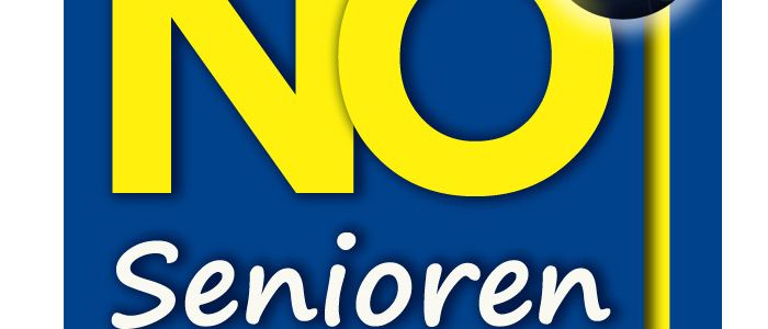 Das blau-gelbe Logo für NO Senioren, mit einem gelben 'NO', einem gelben Punkt darüber und einem schwarzen Punkt mit einem 'S' darauf.