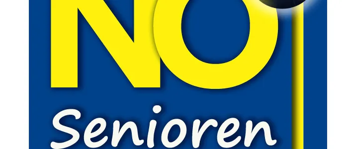 Das blau-gelbe Logo für NO Senioren, mit einem gelben 'NO', einem gelben Punkt darüber und einem schwarzen Punkt mit einem 'S' darauf.