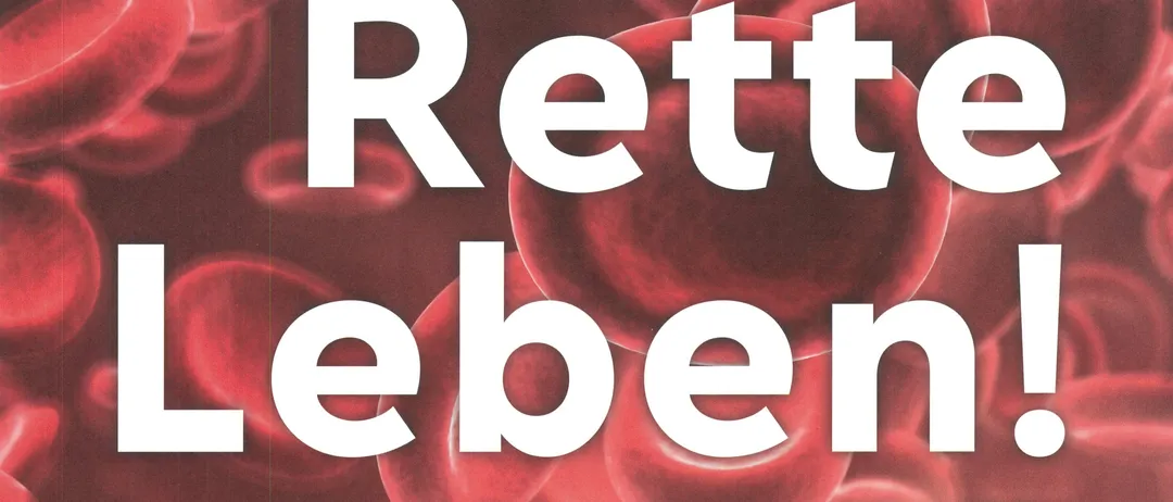 Plakat mit roten Blutkörperchen und dem Text 'Rette Leben!' zur Förderung der Blutspende zum Leben retten. Website und App-Link bereitgestellt.