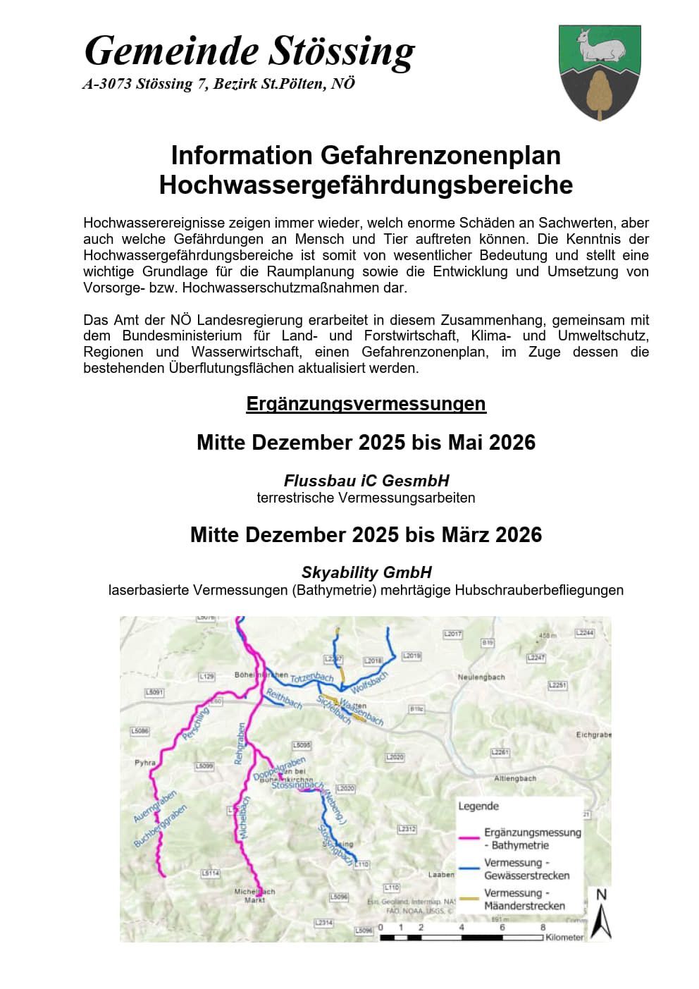 Das Bild zeigt ein Dokument über Hochwassergefahrengebiete. Es diskutiert die Gefahren von Hochwassern für Eigentum und Leben und betont die Wichtigkeit, diese Gebiete zu kennen. Es erwähnt einen Hochwassergefahrenplan, der von den Behörden entwickelt wurde. Der Plan wird zwischen Mitte Dezember 2025 und Mai 2026 aktualisiert.