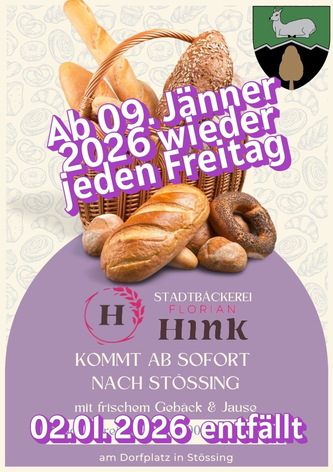 Werbung für die Bäckerei Florian Hink, zeigt Brote, einschließlich Laibe und Brötchen, auf einem lila Hintergrund. Der Text lautet 'Ab 09. Januar 2026 wieder jeden Freitag'.