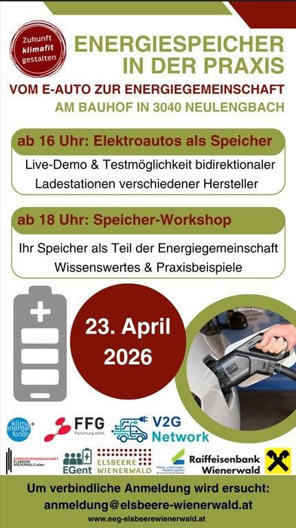 Veranstaltung über Energiespeicher von E-Autos zur Energiegemeinschaft am 23. April 2026 in 3040 Neulengbach. Aktivitäten umfassen Live-Demos, Testmöglichkeiten für bidirektionale Ladestationen und einen Speicher-Workshop.