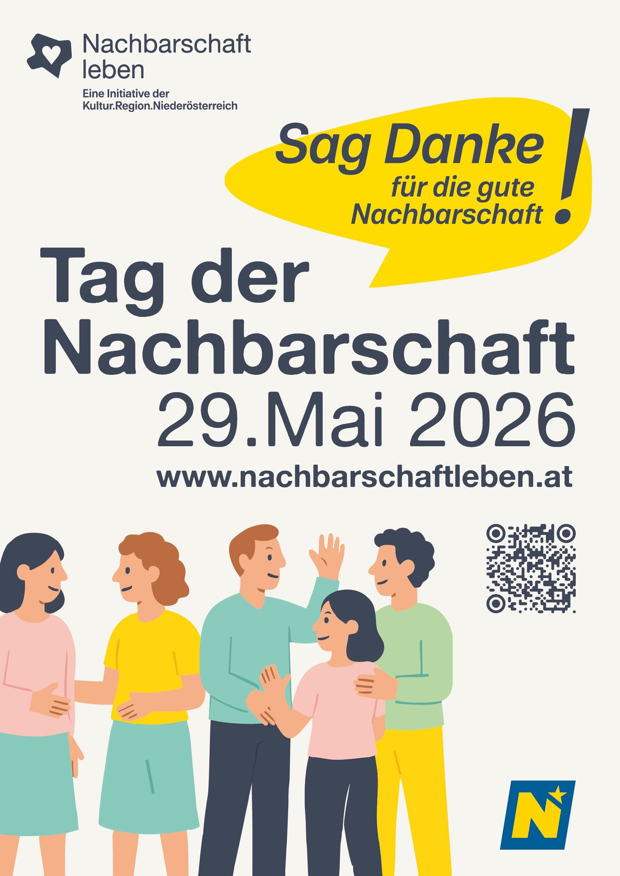 Plakat zum Nachbarschaftstag am 29. Mai 2026 mit lächelnden Menschen und einem QR-Code für weitere Informationen. Das Plakat enthält eine Sprechblase mit der Botschaft 'Sag Danke für die gute Nachbarschaft!'