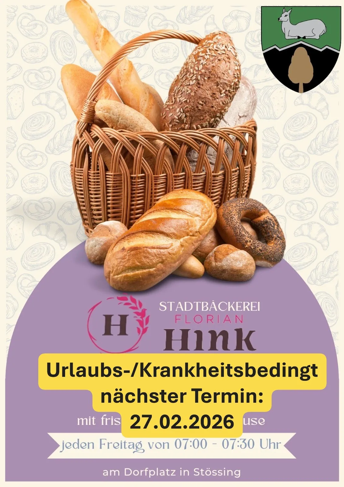 Ein Korb mit verschiedenen Broten, darunter Laibe und Brötchen, auf weißem Hintergrund. Darunter steht ein Label, das auf Stadtbackerei Florian Hink hinweist. Der Text 'Urlaubs-/Krankheitsbedingung naechster Termin' deutet auf Bedingungen für Urlaub oder Krankheit hin.