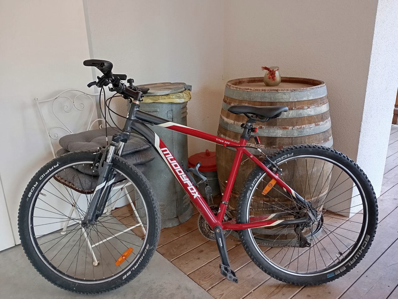 Ein rotes und schwarzes Fahrrad steht in einem Raum neben einem Fass und einem Mülleimer. Ein kleiner Blumentopf steht auf dem Fass.