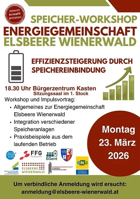 Eine Anzeige für ein Workshop über Energiegemeinschaften. Es findet am 23. März 2026 um 18:30 im Bürgerzentrum Kasten statt. Der Workshop behandelt die Integration von Energiegemeinschaften, Speicherlösungen und praktische Beispiele. Eine Anmeldung ist unter anmeldung@elsbeere-wienerwald.at erforderlich.