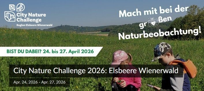 Ein Plakat für die City Nature Challenge 2026 mit einem Mädchen und einem Jungen, die auf ein Smartphone schauen. Das Datum ist vom 24. bis 27. April 2026.