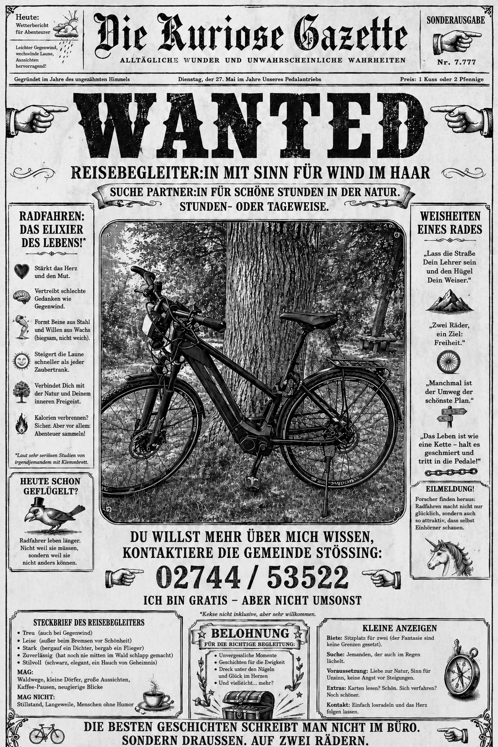Eine Vintage-Werbung für ein Fahrrad, mit einem Schwarz-Weiß-Foto eines Fahrrads, das gegen einen Baum gelehnt ist, und Text auf Deutsch, der die Freude und Freiheit des Radfahrens bewirbt.
