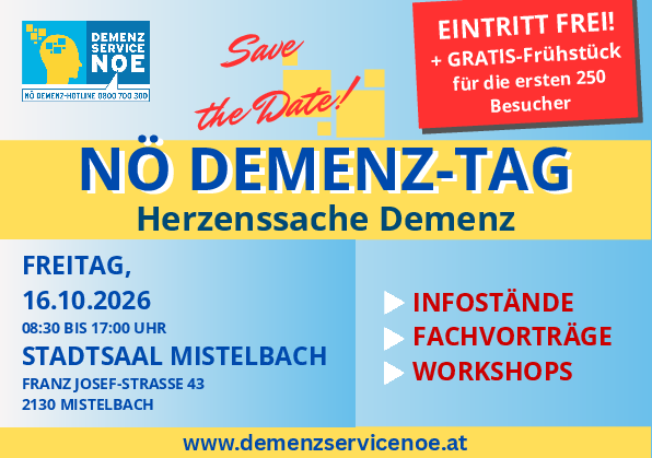 Plakat für die NO DemenZ-Tag Veranstaltung, mit kostenlosem Eintritt, kostenlosem Frühstück für die ersten 250 Besucher und verschiedenen Aktivitäten wie Fachvorträgen und Workshops.