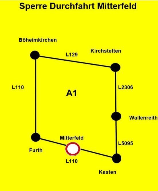 Die Karte zeigt eine Route durch Mitterfled mit den Straßen L129, L110, A1, L2306, L5095 und L110. Mitterfled ist mit einem Kreis hervorgehoben.