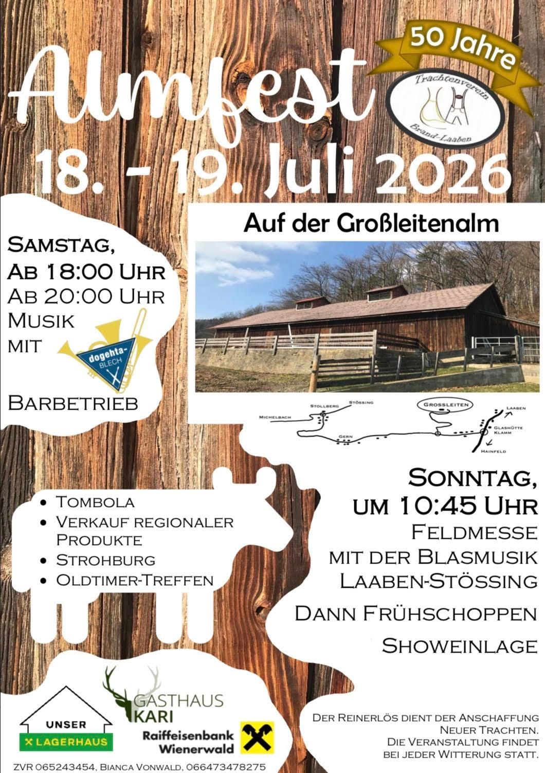Ein Veranstaltungsplakat für den 18.-19. Juli 2026 auf der Großeitenalm. Aktivitäten umfassen eine Tombola, Verkauf regionaler Produkte, Strohburg und Oldtimer-Treffen. Musik mit Blasmusik Laaben-Stossing und eine Feldmesse um 10:45 Uhr.