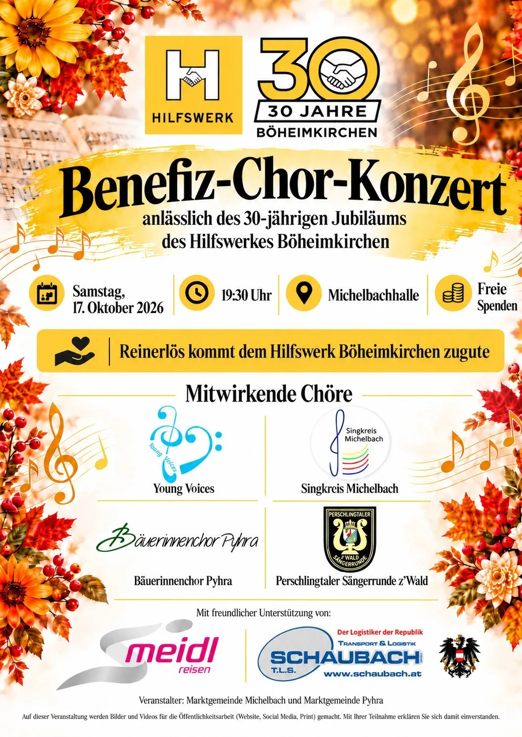Ein Plakat für ein Benefiz-Chor-Konzert in Michelbach, Deutschland, das den 30. Jahrestag des Hilfswerks Böhmkirchen feiert. Die Veranstaltung ist kostenlos und findet am Samstag, 17. Oktober 2026, um 19:30 Uhr in der Michelbachhalle statt.