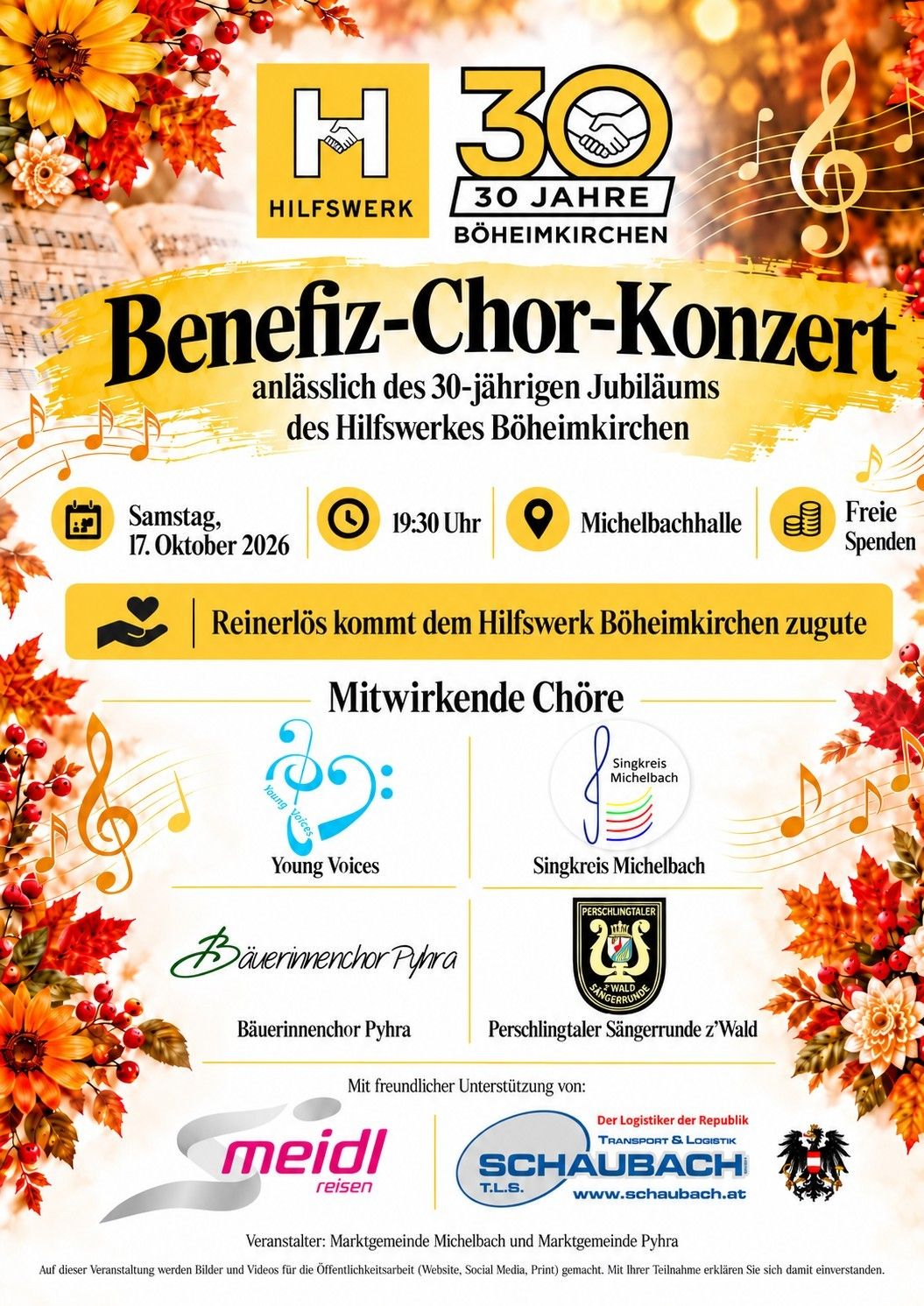 Ein Plakat für ein Benefiz-Chor-Konzert in Michelbach, Deutschland, das den 30. Jahrestag des Hilfswerks Böhmkirchen feiert. Die Veranstaltung ist kostenlos und findet am Samstag, 17. Oktober 2026, um 19:30 Uhr in der Michelbachhalle statt.