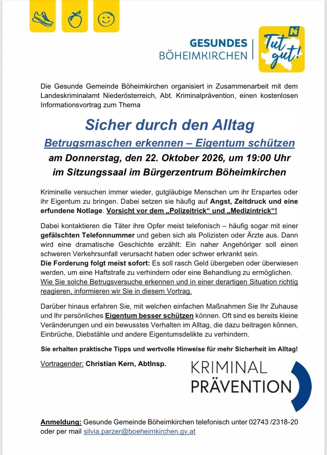 Ein Flyer für eine Gemeinschaftsgesundheitsveranstaltung in Boehmkirchen, Österreich, mit einem Vortrag über das Erkennen von Betrügereien und den Schutz des persönlichen Eigentums.