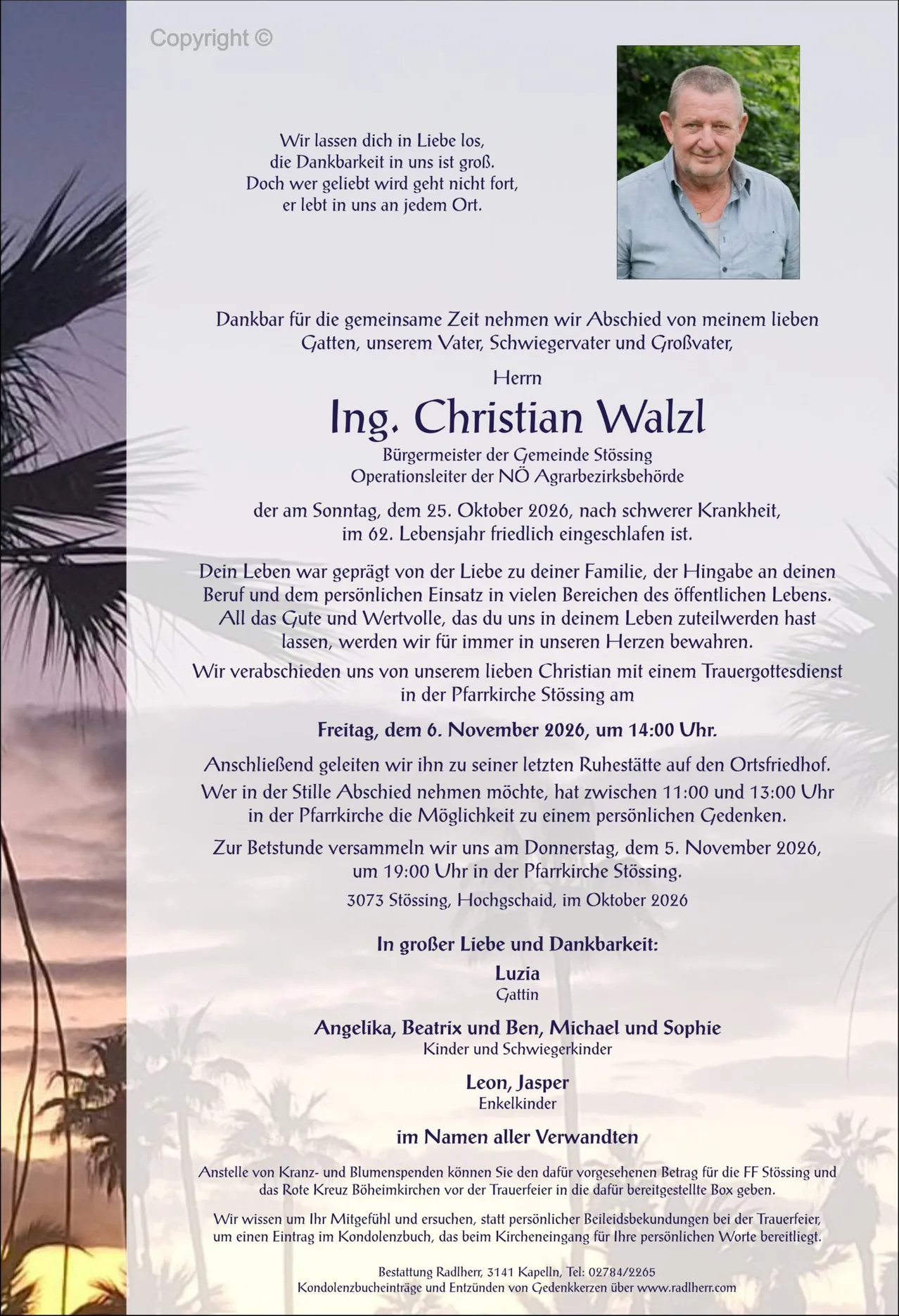 Ein Gedenkposter für Ing. Christian Walzl, ehemaliger Bürgermeister von Stossling, der am 25. Oktober 2020 verstarb. Das Poster enthält ein Foto von ihm, eine herzliche Botschaft und Details über seine Beerdigung und Bestattung.