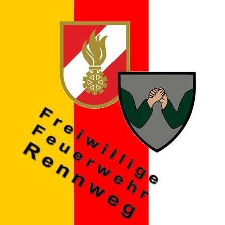 Logo der Freiwilligen Feuerwehr Rennweg mit einem Schild, einer Flamme und gekreuzten Armen.