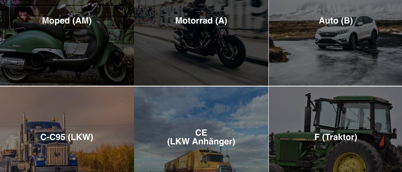 Eine Collage aus vier Bildern, die jeweils verschiedene Fahrzeuge zeigen. Erstes ist ein grüner Roller. Zweites ist ein Motorradfahrer. Drittes ist ein gelber und oranger Sattelschlepper. Viertes ist ein grüner Traktor.