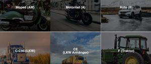 Eine Collage aus vier Bildern, die jeweils verschiedene Fahrzeuge zeigen. Erstes ist ein grüner Roller. Zweites ist ein Motorradfahrer. Drittes ist ein gelber und oranger Sattelschlepper. Viertes ist ein grüner Traktor.