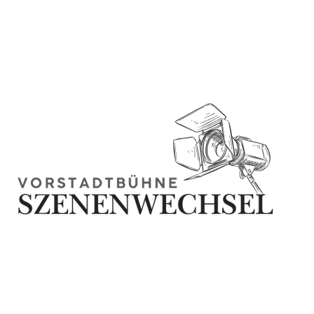 Ein schwarz-weißes Logo mit einer Kamera und den Worten 'Vorstadtbuhne Szenenwechsel'.