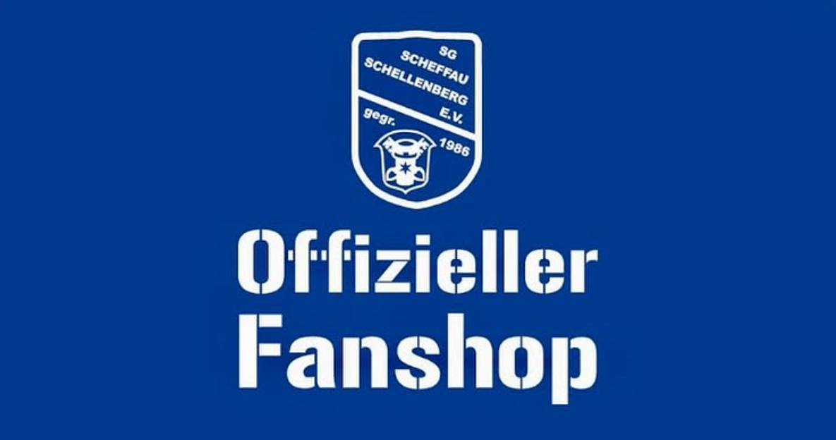 Der blaue Hintergrund zeigt ein Logo für SG Schellenfau Schellenberg E.V. mit dem Jahr 1986. Darunter stehen die Worte 'Offizieller Fanshop' in Weiß.