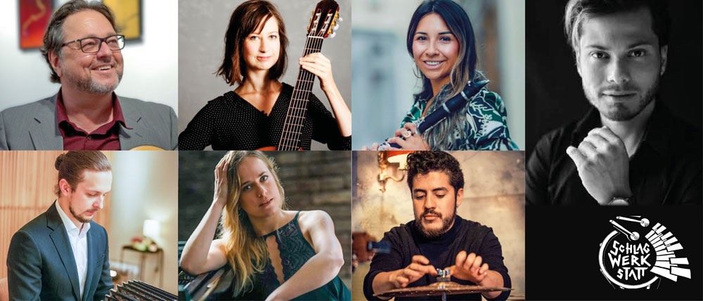 Eine Collage von Musikern, die jeweils verschiedene Instrumente spielen und lächeln. Einer hält eine Gitarre, ein anderer eine Flöte und andere halten Trommeln und Akkordeons.