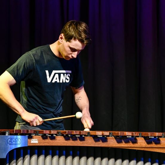 Ein Mann in einem Vans-Shirt spielt ein hölzerne Xylophon auf der Bühne, beleuchtet von lila Bühnenbeleuchtung. Er benutzt zwei Schlägel, um die Tasten zu treffen.