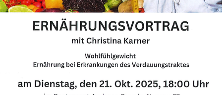Werbeposter für einen Ernährungsvortrag von Christina Karner über gesundes Gewicht und Ernährung bei Magen-Darm-Erkrankungen, geplant für den 21. Okt. 2025, 18:00 Uhr im Restaurant Andreas Csarda, freier Eintritt.