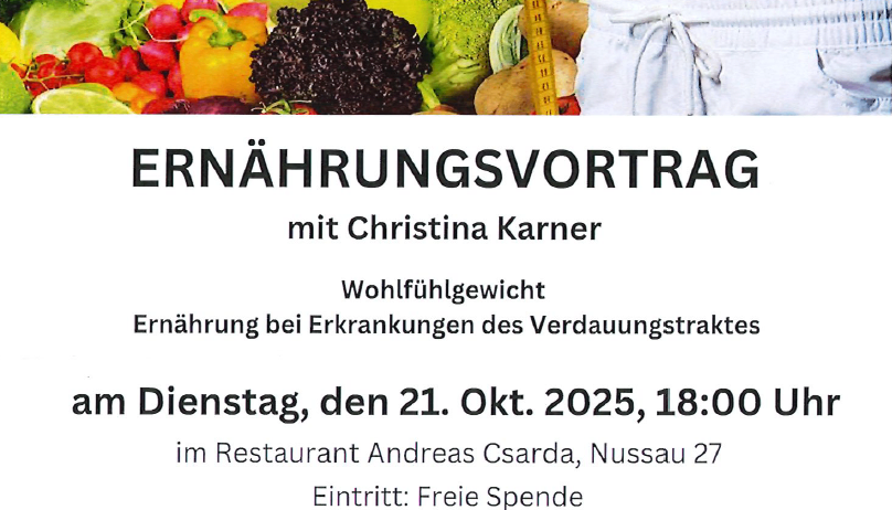 Werbeposter für einen Ernährungsvortrag von Christina Karner über gesundes Gewicht und Ernährung bei Magen-Darm-Erkrankungen, geplant für den 21. Okt. 2025, 18:00 Uhr im Restaurant Andreas Csarda, freier Eintritt.