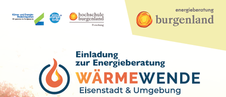Plakat für Energieberatungsveranstaltung. Es heißt 'Wärmewende Eisenstadt & Umgebung' und lädt zu einer Beratungs- und Informationsveranstaltung ein. Details umfassen Datum, Uhrzeit und Ort in Mörbisch. Die Veranstaltung ist Teil der Initiative 'Energiewende Burgenland'.