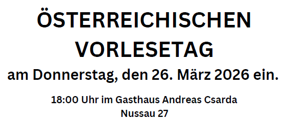Geöffnetes Buch mit Text auf der Seite. Einladung zur Lesung im Gasthaus Andreas Csarda am 26. März 2026. Freier Eintritt.